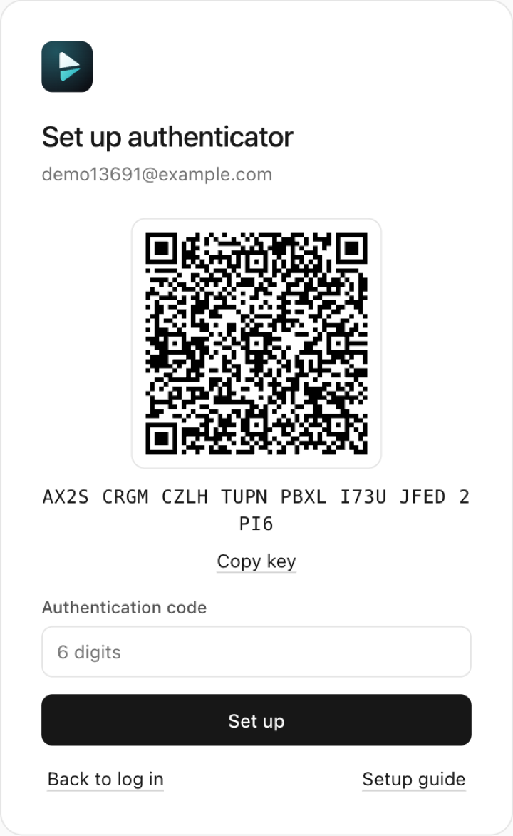 The console's Set up authenticator page: QR code, secret key, Authentication code field and Set up button