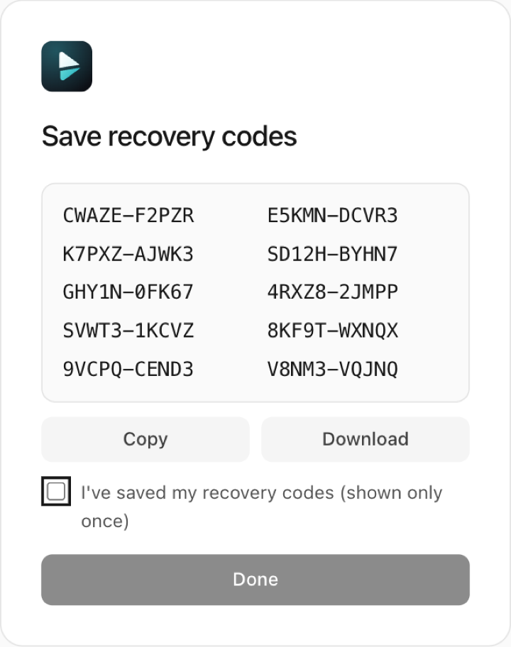 The console's Save recovery codes page: 10 recovery codes, Copy and Download buttons, and the I have saved my recovery codes checkbox