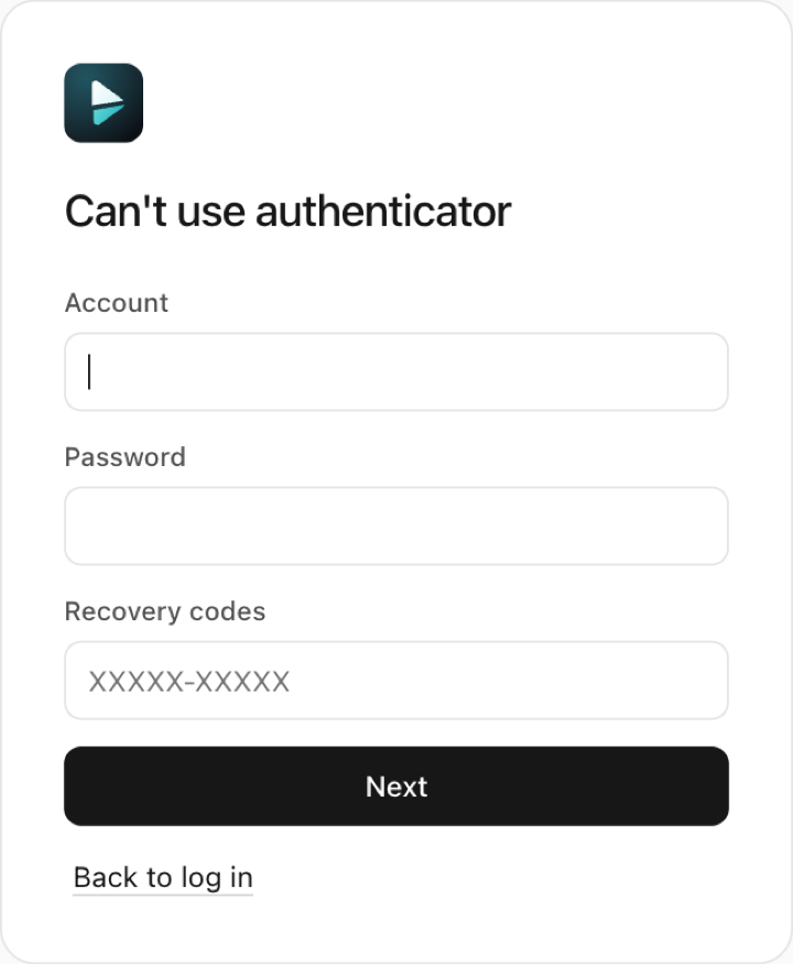 The console's Can't use authenticator page: account, password and recovery code fields and the Next button