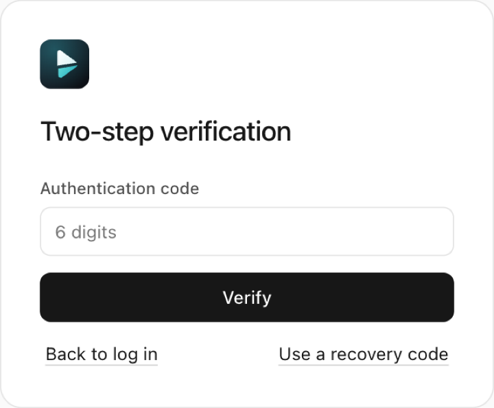 The console's Two-step verification page: one-time code field, Verify button, and Use a recovery code