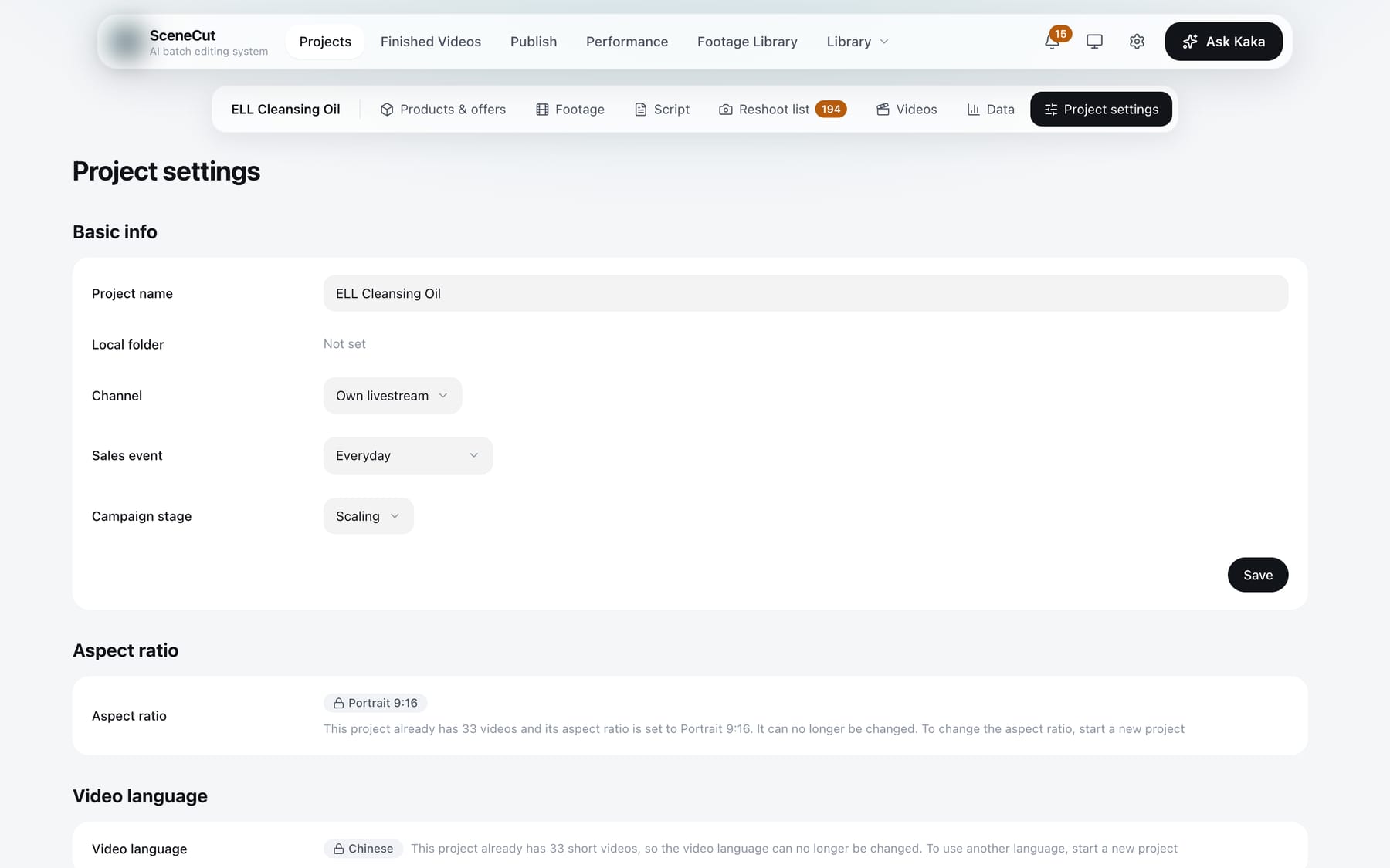 Project settings